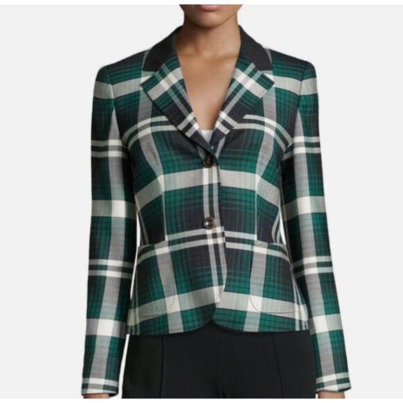 ESCADA ELBOW PATCH PLAID WOOL KNIT JACKET BLAZER TARTAN GREEN WOMENS 40 US 10 - Picture 1 of 12